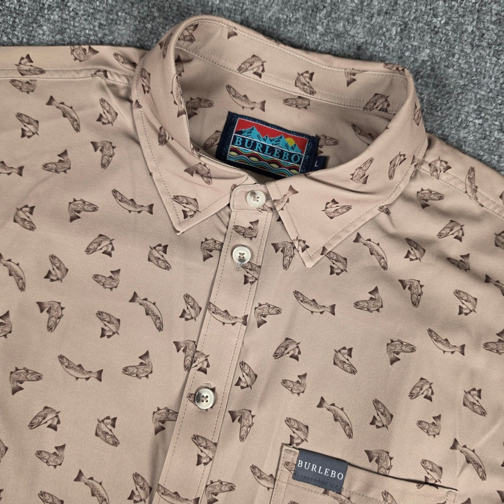Burlebo Button Down Shirt Mens Large Tan Trout Fish Print Performance NEW